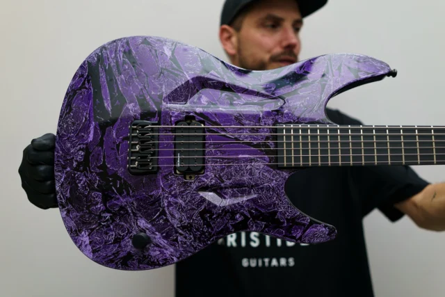 Aristides 060B Purple Shattered Gloss equipped with a single Lundgren M series pickup!