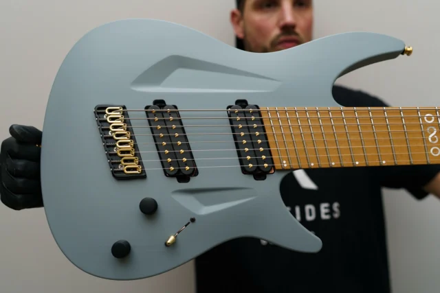 Aristides 080SR Lambo Grey outfitted with hybrid black/gold hardware and @lundgrenguitarpickups M8 bridge pickup + Black Heaven in the neck!