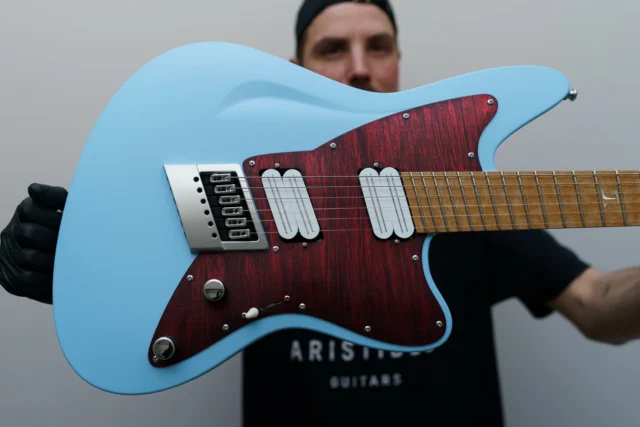 Aristides STX6SR Light Blue featuring @bareknucklepickupsofficial Halcyons a custom pickguard and a brushed chrome multiscale EverTune!