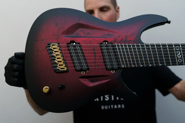 Aristides 080S Deep Ruby Red Marble Burst Satin with hybrid hardware and @bareknucklepickupsofficial Halcyons!