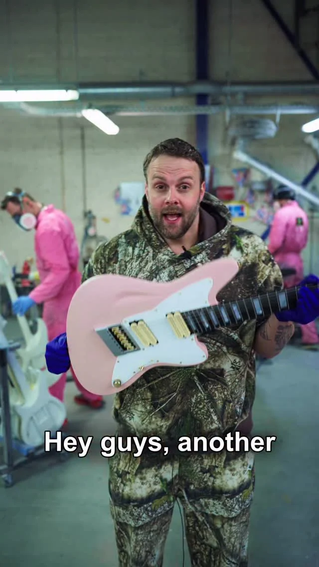 Build of the Week STX7SR Shell Pink loaded with @bareknucklepickupsofficial Halcyons in cream bobbins alongside our multiscale @evertune in hybrid chrome/gold hardware and a white pickguard!