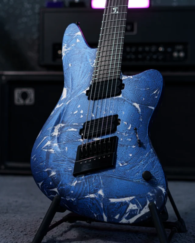 Aristides STX7S Blue/Silver Shattered Satin Custom loaded up with @bareknucklepickupsofficial Halcyons and a multiscale @evertune 💙🩶 for our man @timothymahguitar