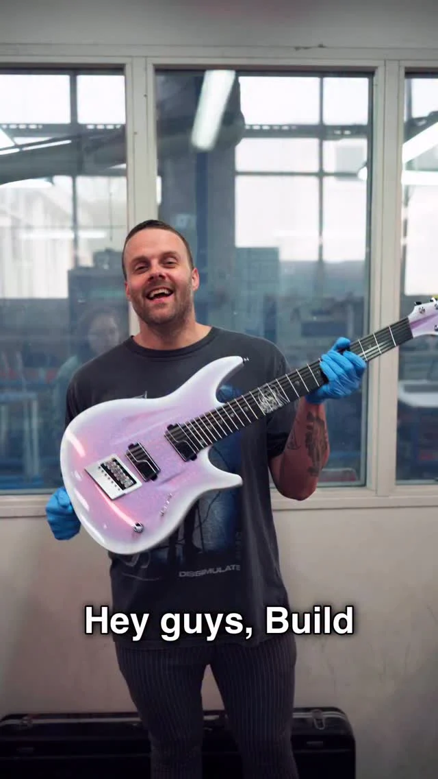 Build of the Week Aristides 070S Lilac Arctic Sunset Sparkle Custom featuring @fishmanmusic Tosins in chrome, as well as our brushed chrome multiscale @evertune along with a custom inlay!