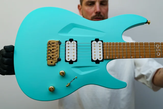 Aristides 060R Aqua Green with gorgeous white and gold @bareknucklepickupsofficial Polymaths, gold hardware and a Hipshot US Contour tremolo!
