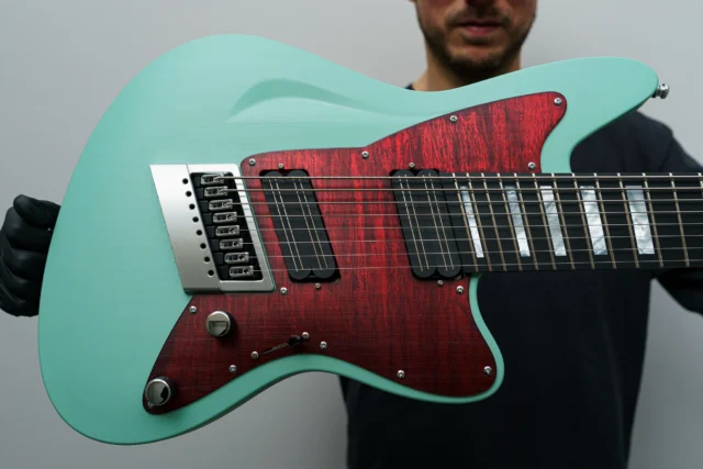Aristides STX8SR Seafoam with a red flamed marble pickguard, multiscale EverTune and @bareknucklepickupsofficial Halcyons!