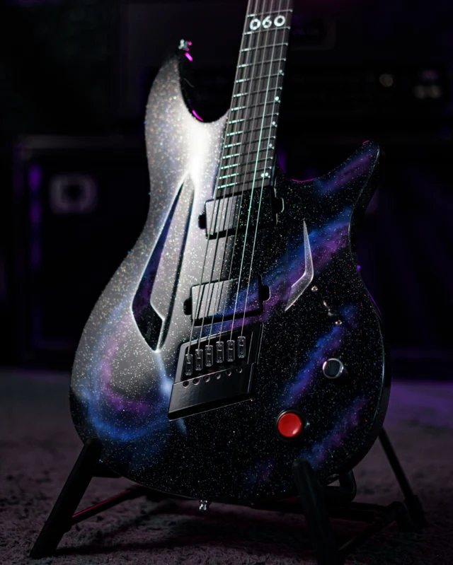 Aristides 060S Nebula Sparkle with custom painted @fishmanmusic Moderns, an arcade button kill switch, multiscale @evertune and hybrid black/chrome hardware!