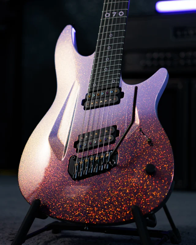 Aristides 070S Dark Blue to Lilac Arctic Sunset Soarkle Fade featuring our multiscale Hantug tremolo and custom @bareknucklepickupsofficial Polymath pickups!