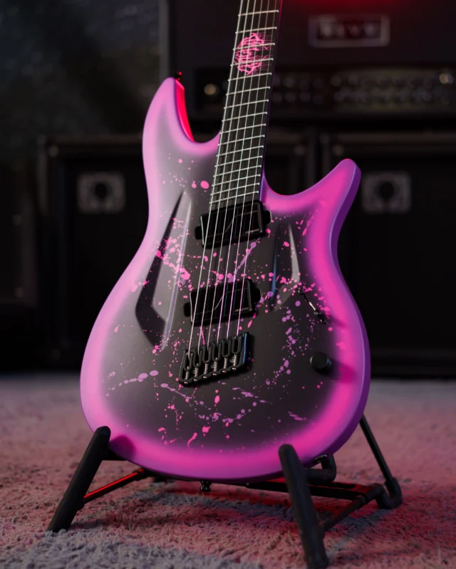 Aristides 060S Pink Bloodsplatter Burst Satin for our long time friend @nik.nocturnal featuring @fishmanmusic Fluence Moderns and a killer custom pink inlay!