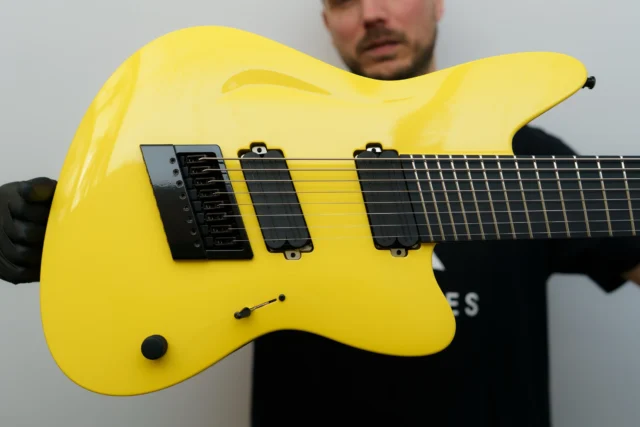 Aristides STX8S Raw Painted Yellow Custom equipped with @bareknucklepickupsofficial Halcyons and our multiscale @evertune 💛