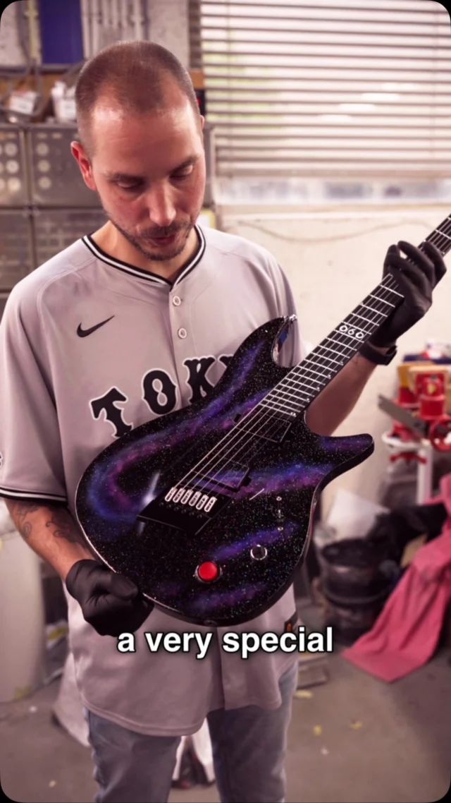 Build of the Week Aristides 060S Nebula Sparkle equipped with an arcade button and @fishmanmusic Tosin Abasi pickups which we painted to match the guitar!