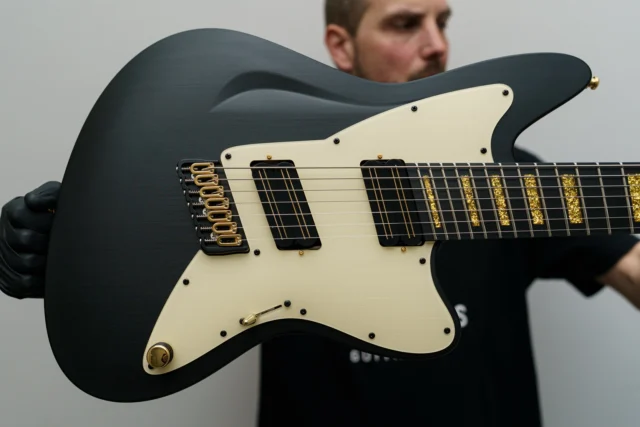 Aristides STX7SR Black fully decked out with gold sparkle block inlays, a black raw painted backplate, desert tan pickguard, and @bareknucklepickupsofficial Halcyons in black with gold blades! To round it all off, the hardware is hybrid black and gold!