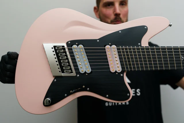Aristides STX8SR Shell Pink equipped with white and gold pole piece @bareknucklepickupsofficial Polymaths!