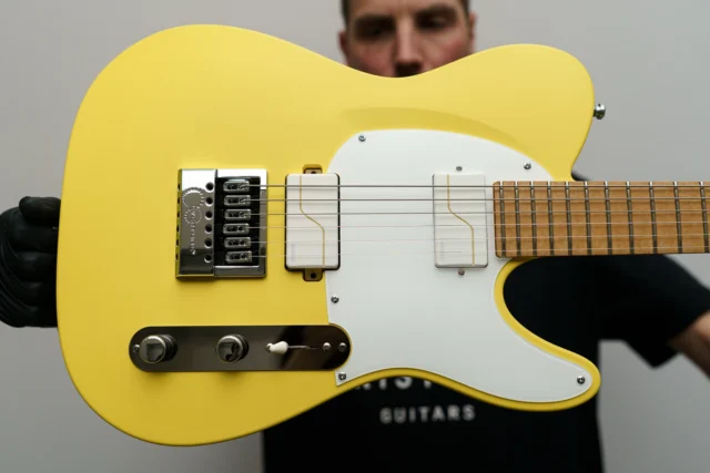 Aristides T/06R Yellow loaded up with @matthewkheafy @fishmanmusic pickups and an @evertune along with a classy white raw pickguard!