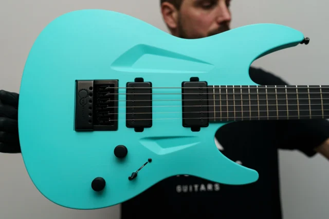 Aristides 060R Aqua Green loaded with @bareknucklepickupsofficial Polymaths with black covers as well as an @evertune !