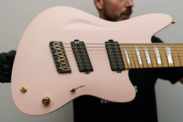 Aristides STX8SR Shell Pink with @bareknucklepickupsofficial Halcyons with gold blades, MOP block inlays and hybrid black/gold hardware!!