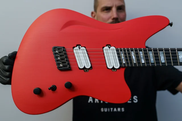 Aristides STX6SR Bright Red with white @bareknucklepickupsofficial Halcyons as well as MOP block inlays!!
