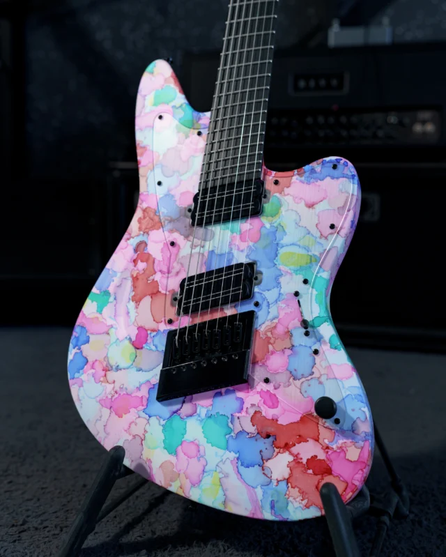 Aristides STX7S Watercolour Satin Custom featuring a clear raw pickguard, @bareknucklepickupsofficial Halcyons and a multiscale @evertune bridge!
