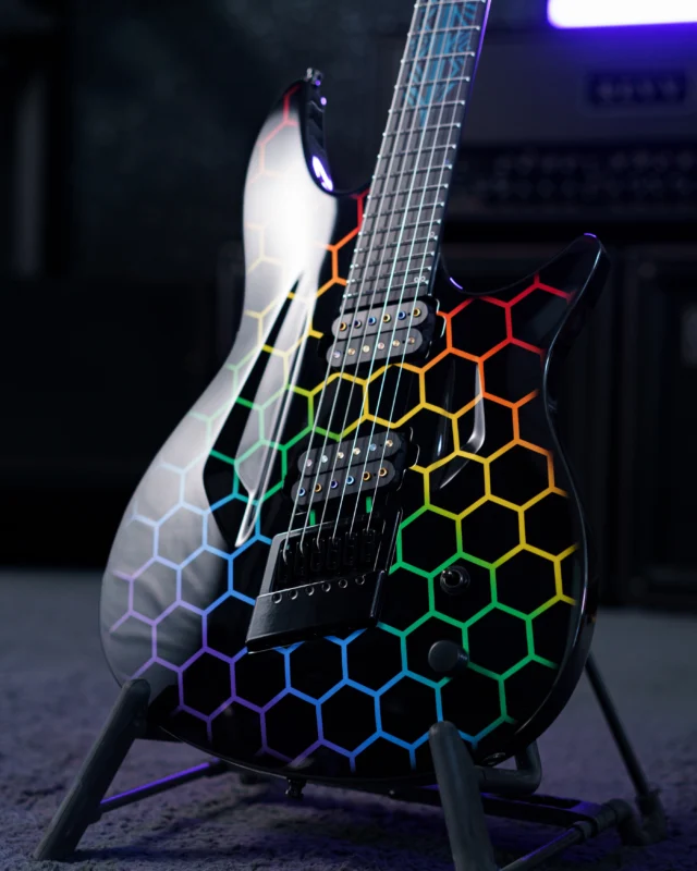 Aristides 060S Rainbow Hexagon Custom featuring burnt chrome bolted @bareknucklepickupsofficial Polymaths, a multiscale @evertune and an epic custom inlay!