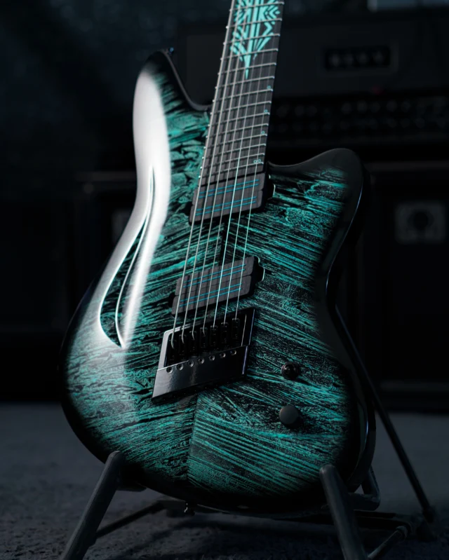 Aristides STX7S Aqua Green Flamed Shattered Burst Custom loaded with custom colour matching @bareknucklepickupsofficial Halcyons a multiscale @evertune and a spectacular custom inlay in colour matching epoxy!