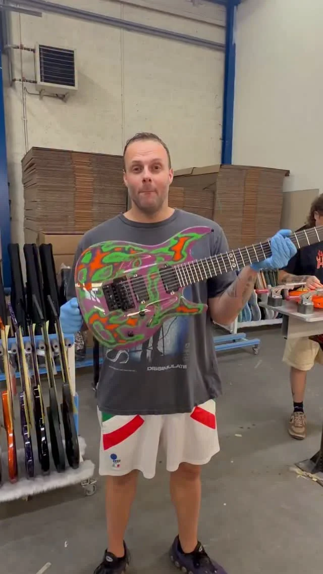 Build of the Week Aristides 070 Worn Unicorn Vomit Custom featuring @lundgrenguitarpickups Black Heavens and a @floydroseofficial ! In the back we also have an @engl_amplification Hardtailer and a Sureclaw!